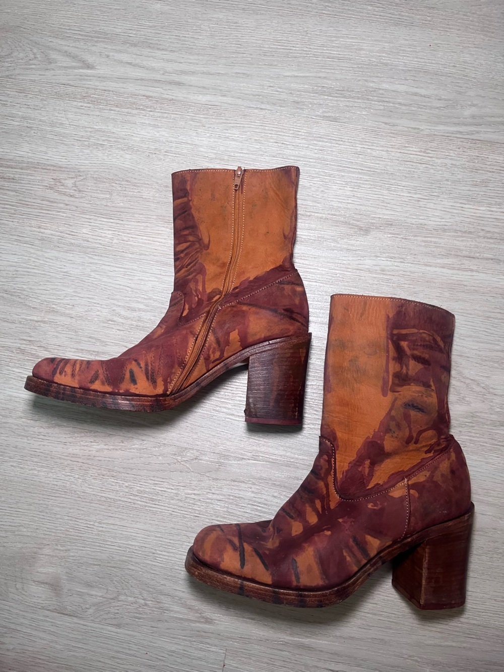 Vintage 1970s Stephan Kelian Distressed Two-Tone Brown Leather Ankle Boots 6.5